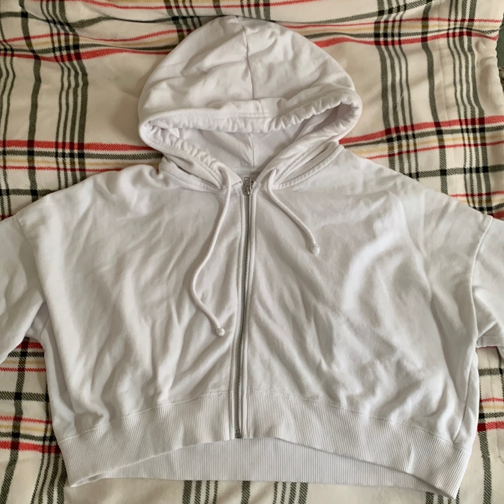 White Cropped Zip-Up Hoodie